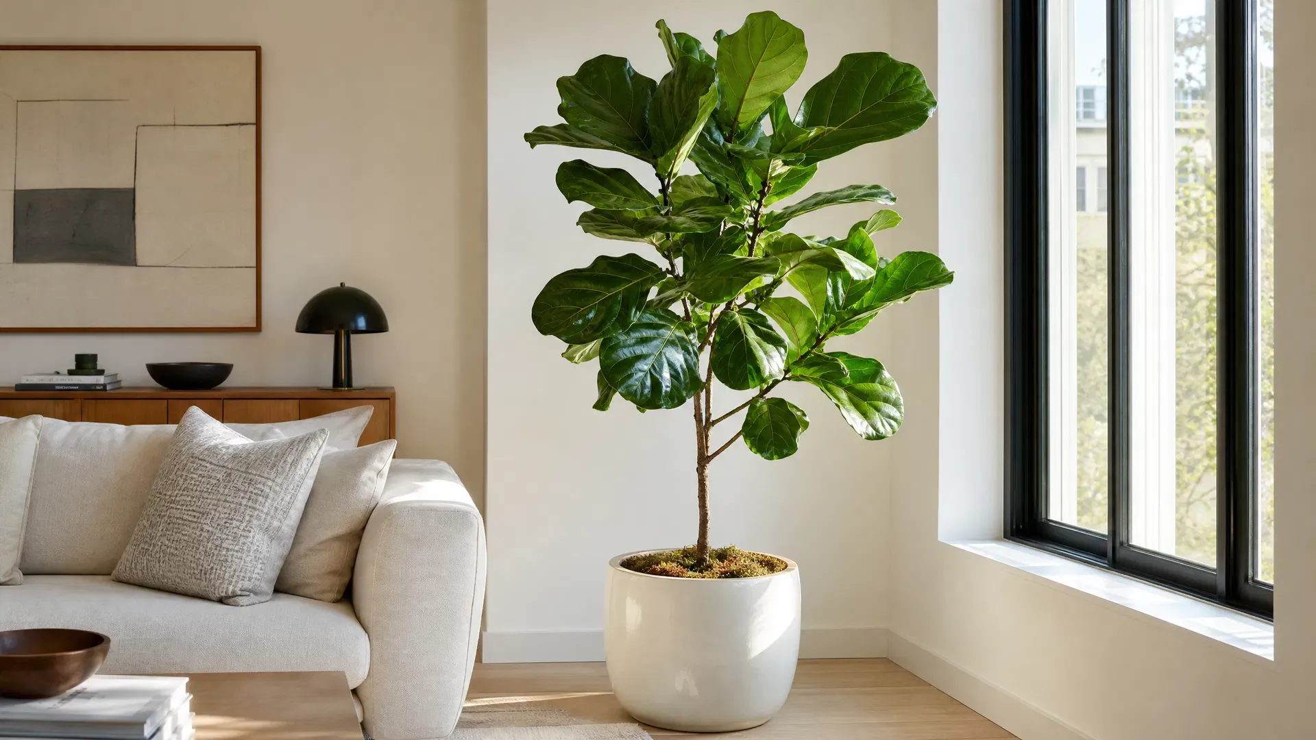 A healthy fiddle leaf fig beside a bright apartment window