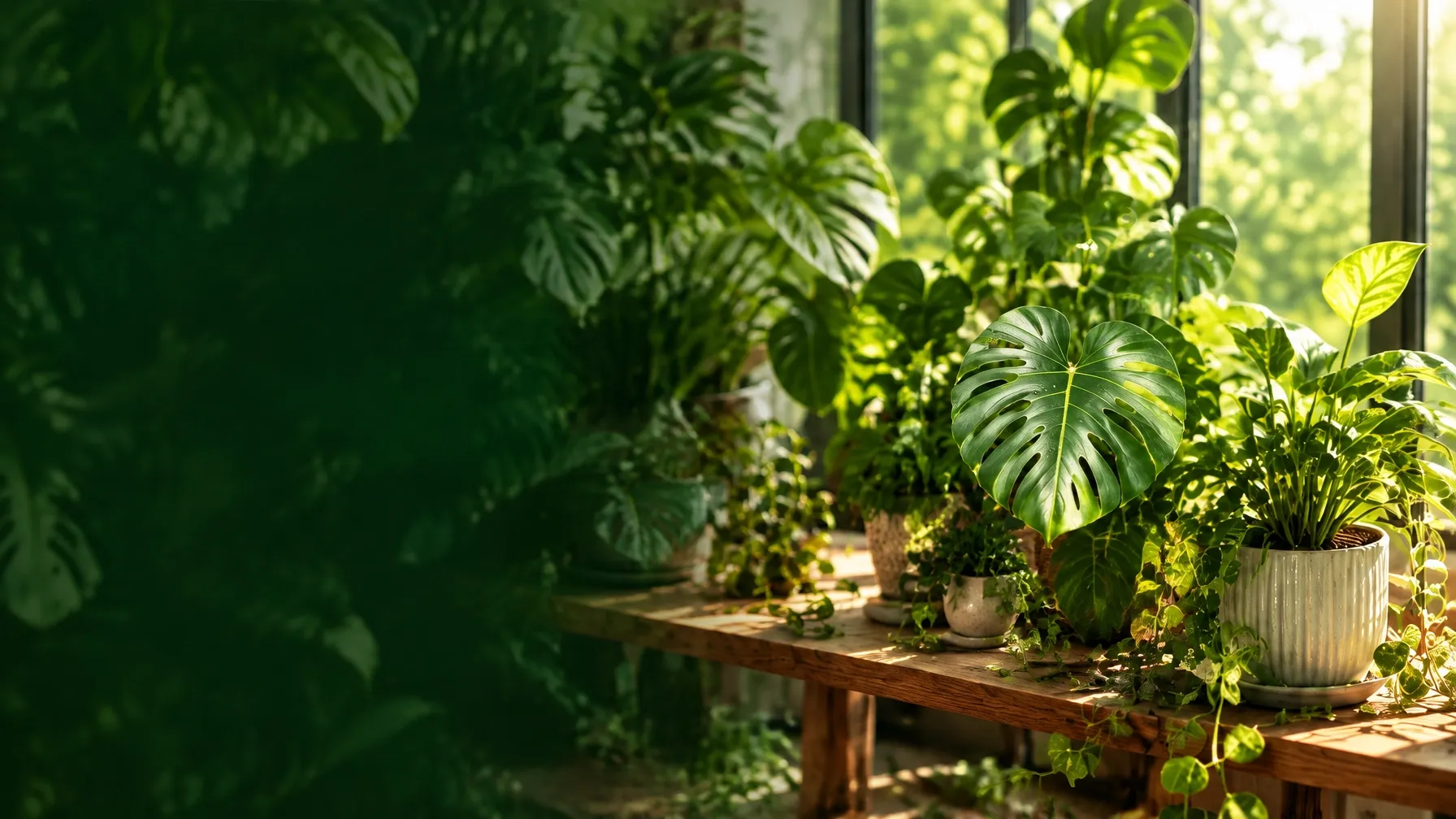 Sunlit indoor garden filled with thriving tropical houseplants
